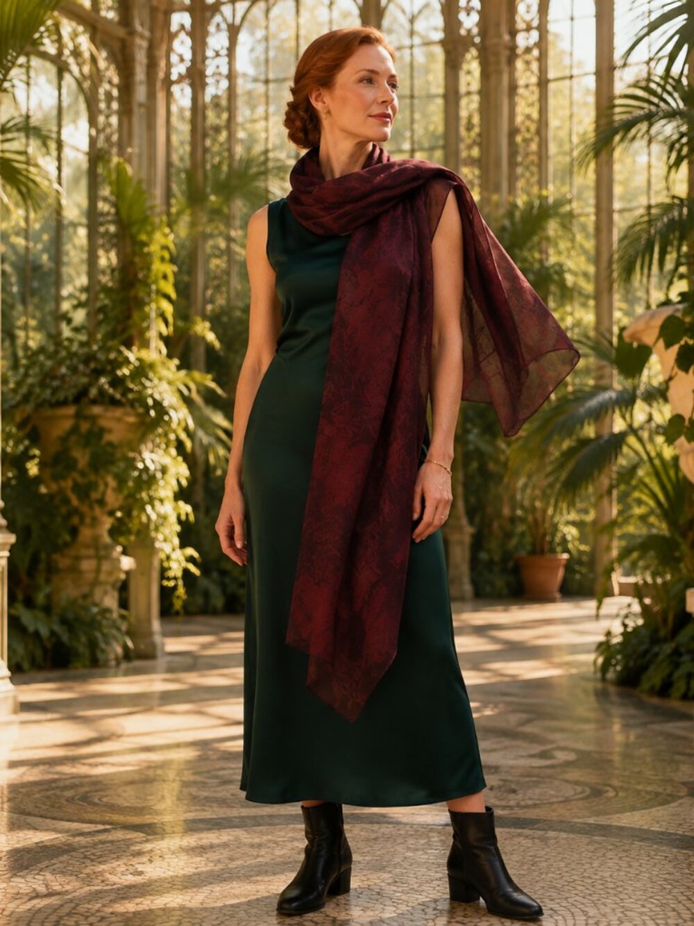 Echo Made in Italy Burgundy Botanical Jacquard Scarf Wrap 81 x 20